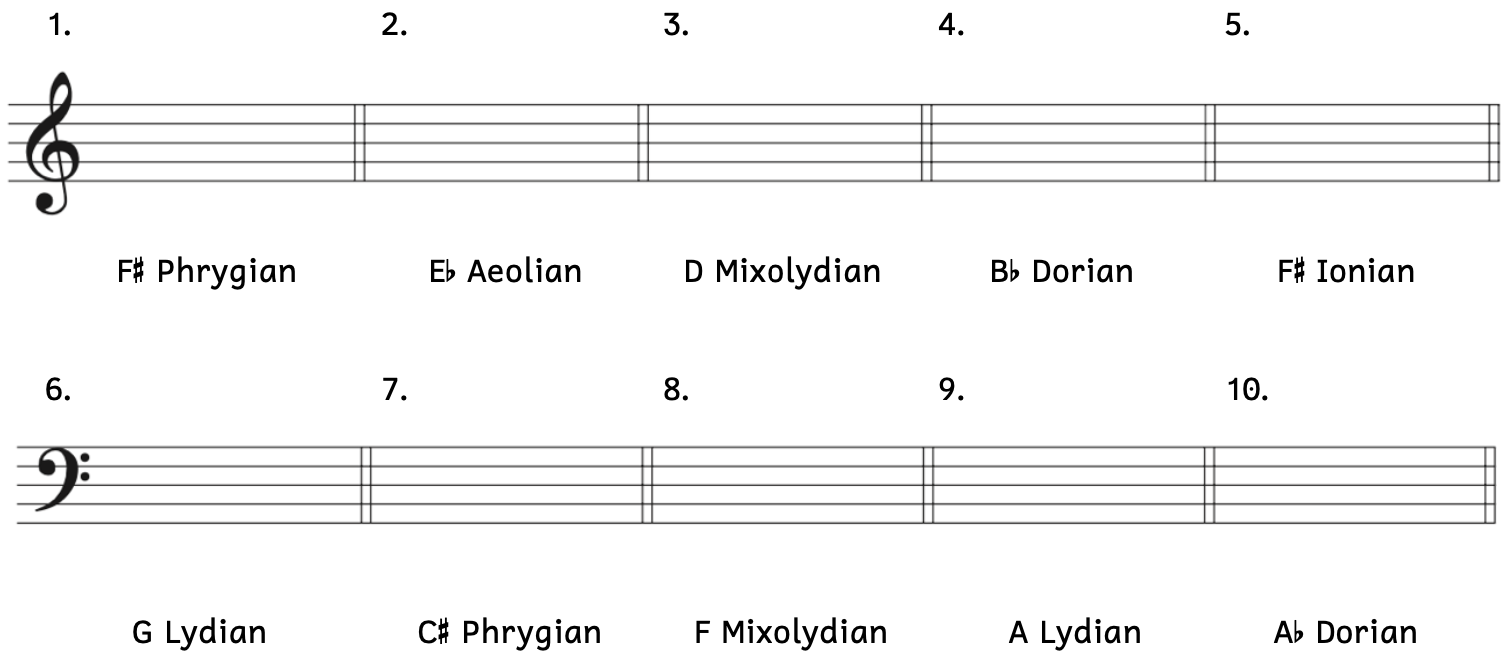 Number 1, F-sharp Phrygian. Number 2, E-flat Aeolian. Number 3, D Mixolydian. Number 4, B-flat Dorian. Number 5, F-sharp Ionian. Number 6, G Lydian. Number 7, C-sharp Phrygian. Number 8, F Mixolydian. Number 9, A Lydian. Number 10, A-flat Dorian.