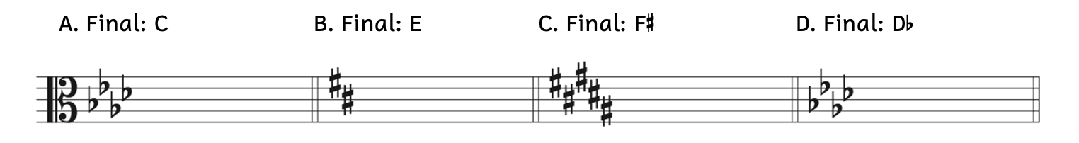 Example A shows 4 flats and the final of C. Example B shows 2 sharps and the final of E. Example C shows 5 sharps and the final of F-sharp. Example D shows 4 flats and the final of D-flat.