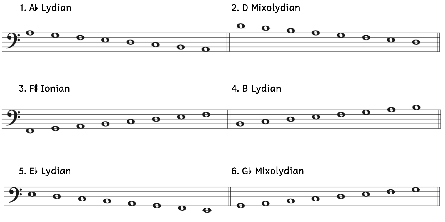 Number 1, A-flat Lydian. Number 2, D Mixolydian. Number 3, F-sharp Ionian. Number 4, B Lydian. Number 5, E-flat Lydian. Number 6, G-flat Mixolydian.
