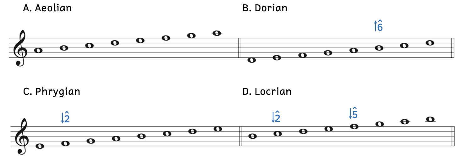 Example A shows the Aeolian mode is the same as the natural minor scale. Example B shows the Dorian mode is like the natural minor scale, but scale degree 6 is raised. Example C shows the Phrygian mode is like the natural minor scale, but scale degree two is lowered. Example D shows the Locrian mode is like the natural minor scale, but scale degrees two and five are lowered.