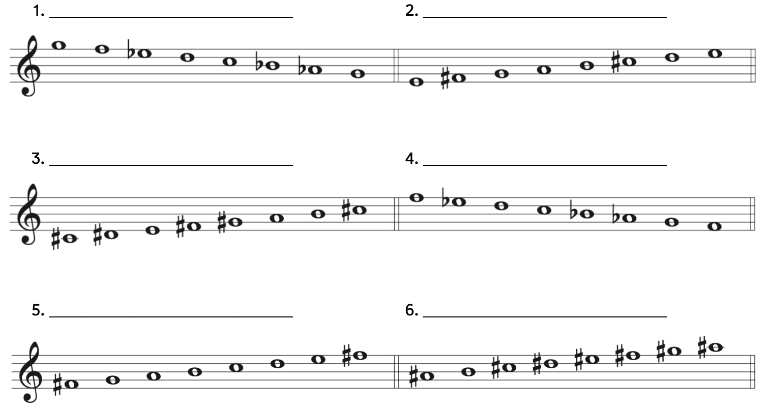 Number 1, G scale with 3 flats. Number 2, E scale with 2 sharps. Number 3, C-sharp scale with 4 sharps. Number 4, F scale with 3 flats. Number 5, F-sharp scale with 1 sharp. Number 6, A-sharp scale with 6 sharps.