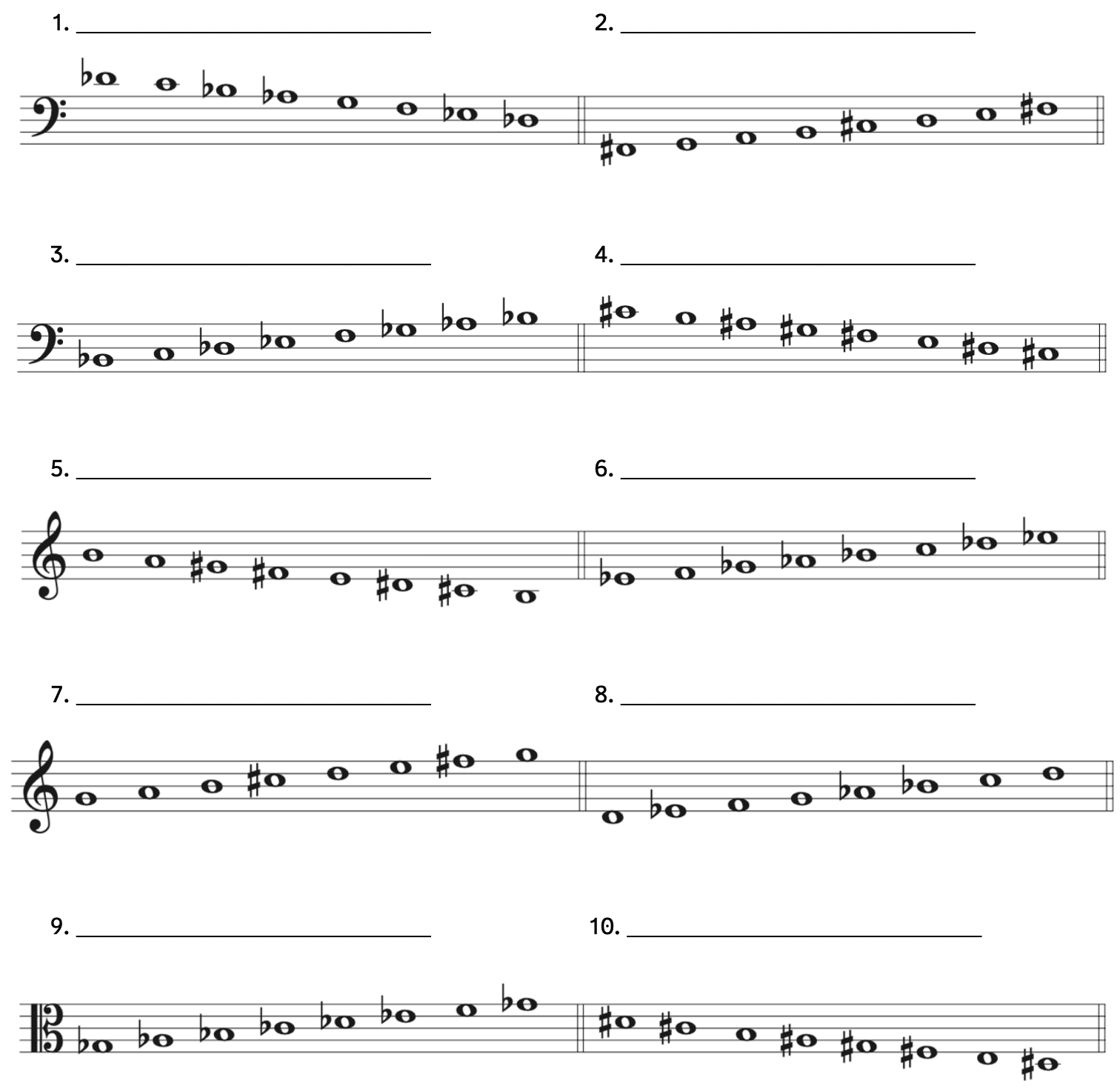Number 1, D-flat scale with 4 flats. Number 2, F-sharp scale with 2 sharps. Number 3, B-flat scale with 5 flats. Number 4, C-sharp scale with 5 sharps. Number 5, B scale with 4 sharps. Number 6, E-flat scale with 5 flats. Number 7, G scale with 2 sharps. Number 8, D scale with 3 flats. Number 9, G-flat scale with 6 flats. Number 10, D-sharp scale with 5 sharps.
