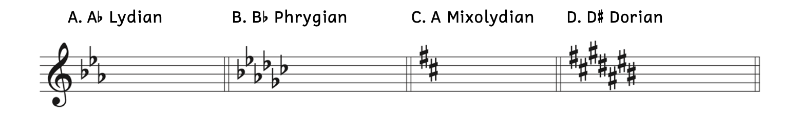 Example A shows A-flat Lydian has 3 flats. Example B shows B-flat Phrygian has 6 flats. Example C shows A Mixolydian has 2 sharps. Example D shows D-sharp Dorian has 7 sharps.