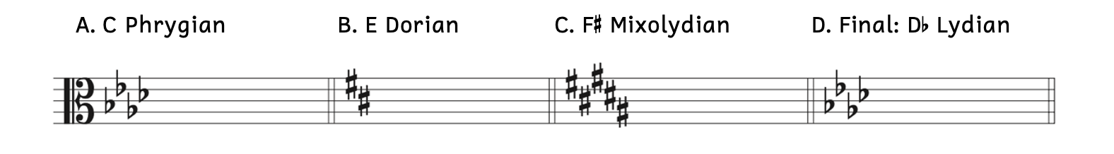 Example A is C Phrygian. Example B is E Dorian. Example C is F-sharp Mixolydian. Example D is D-flat Lydian.