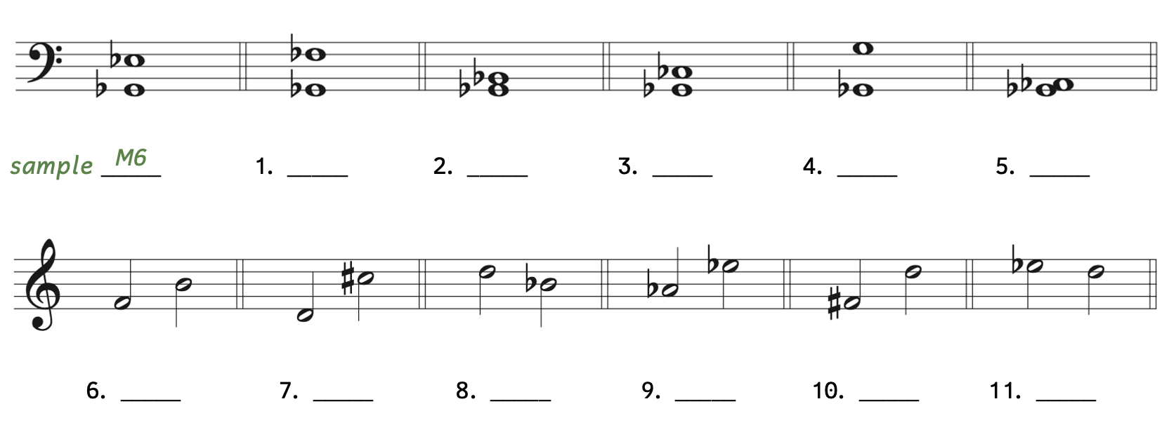 Number 1, G-flat up to F-flat. Number 2, G-flat up to B-flat. Number 3, G-flat up to C-flat. Number 4, G-flat up to G. Number 5, G-flat up to A-flat. Number 6, F up to B. Number 7, D up to C-sharp. Number 8, D down to B-flat. Number 9, A-flat up to E-flat. Number 10, F-sharp up to D. Number 11, E-flat down to D.